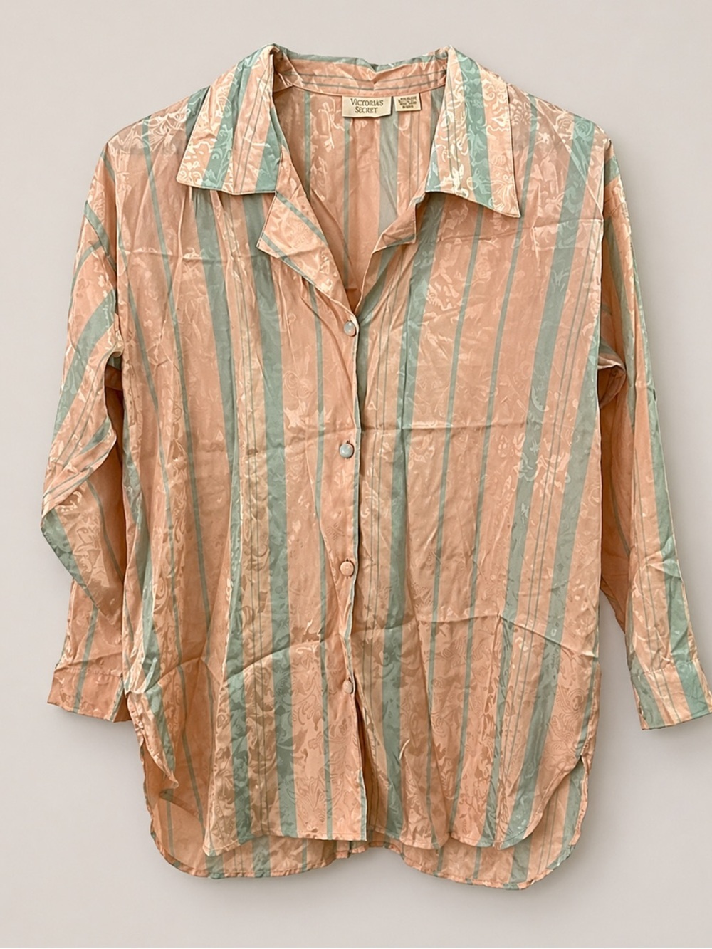 Victoria's Secret GOLD LABEL Button Up Sleep Gown Peach Blue Jacquard Size P/S